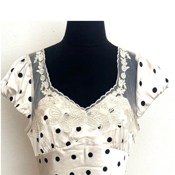 Ivory Satin Polka Dot Slip Dress with Lace Trim Dupe to Free People - Picture 2 of 5
